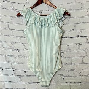 Rash Guard Green & White Striped Ruffle One-Piece Swimsuit Size Medium